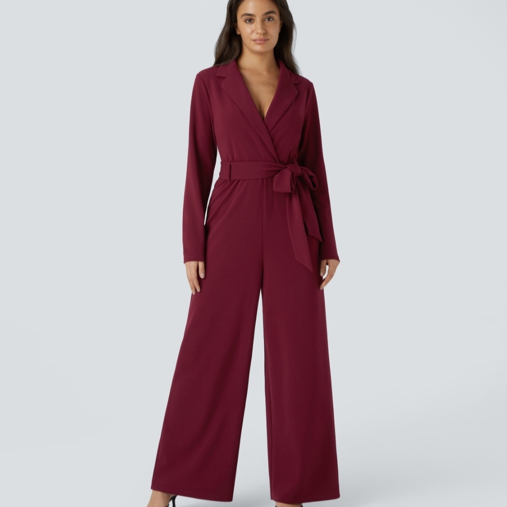 HALARA Notched Collar Long Sleeve Belted  Casual Jumsuit XL